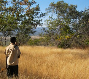 Marcel in tall grass with bow, arrows, and Hadzabe axe