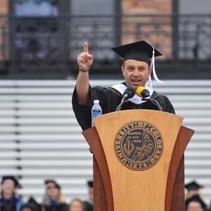 When Eric Stough (Film’95), animation director and producer of South Park, spoke during spring commencement, he related his work as an animator to life, emphasizing the importance of each moment.  
“Class of 2014, stay in balance and keep a solid foundation,” he told the roaring crowd in Folsom Field. “We need you. Your diploma is an inanimate object, so be the animator and bring it to life.”
The university awarded 5,891 degrees May 9.