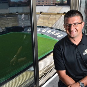 Conor McGahey is the public address announcer at football games for the University of Colorado Boulder. (Photo by Casey A. Cass/University of Colorado)
